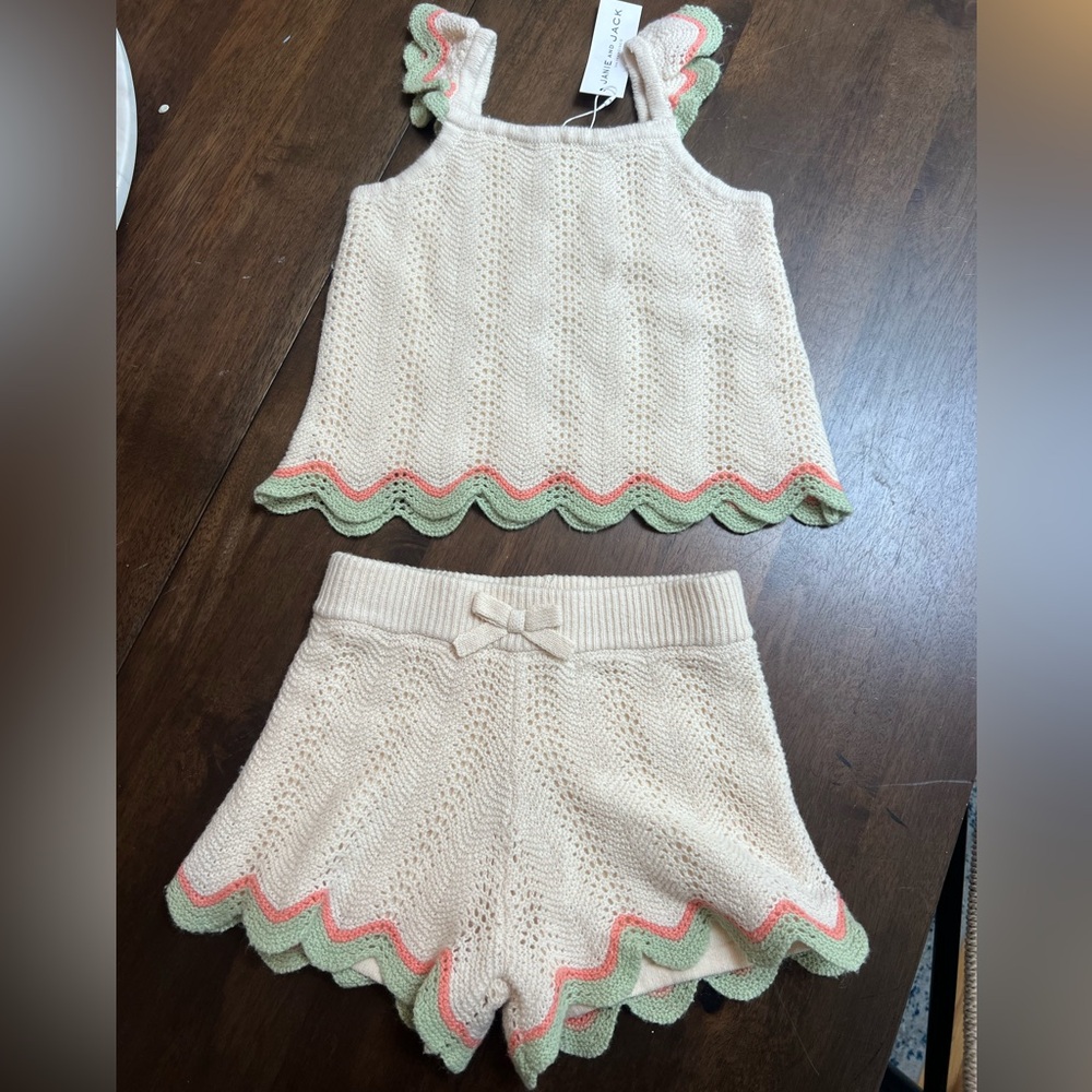 Croshet Cream Knit Top and Shorts Set with Scalloped hem Janie and Jack size 5